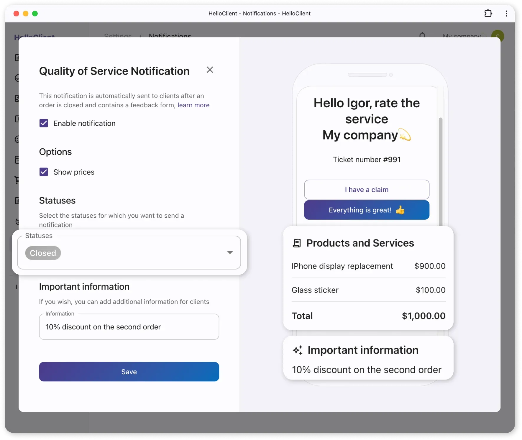 Configuring service rating request notification