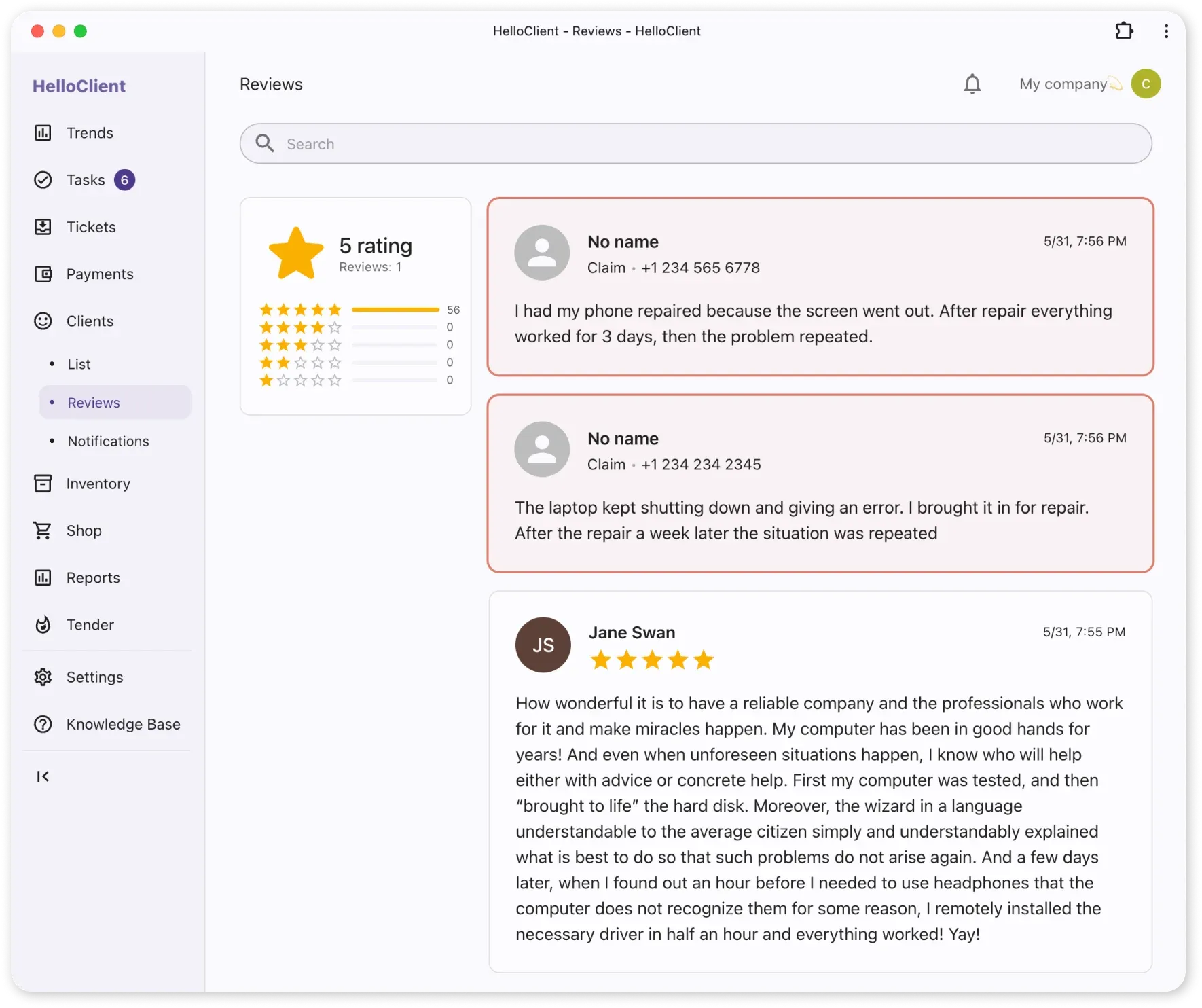 Negative reviews in HelloClient account