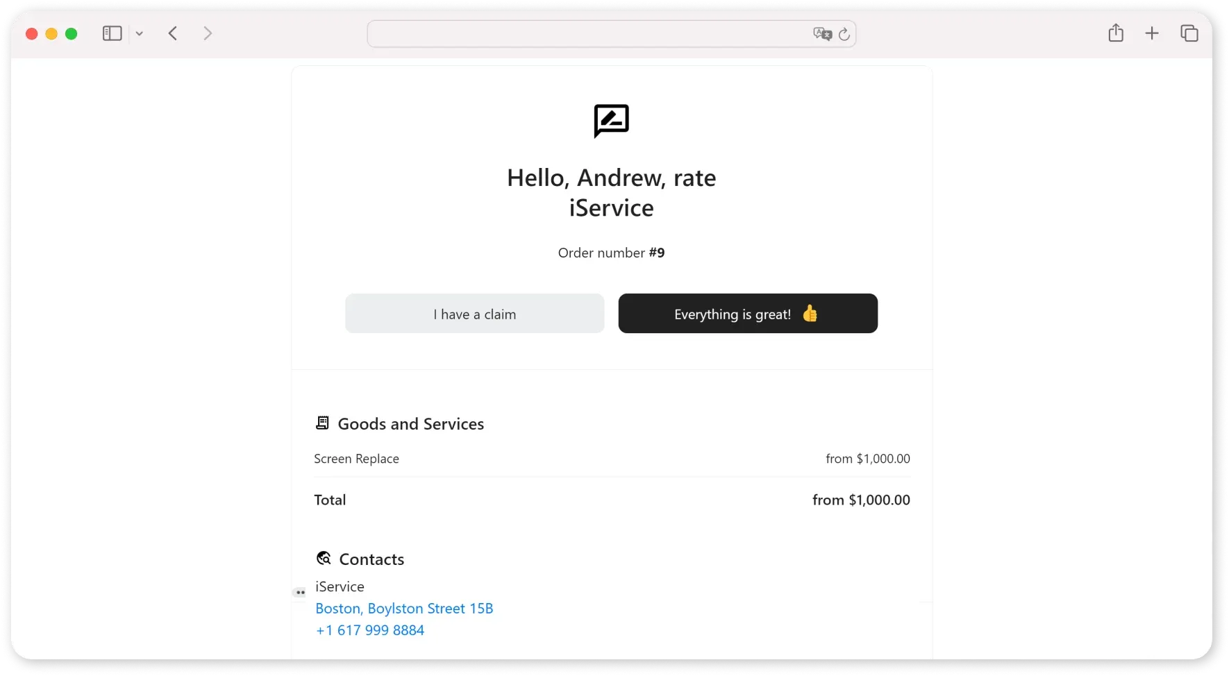 Email requesting service quality rating