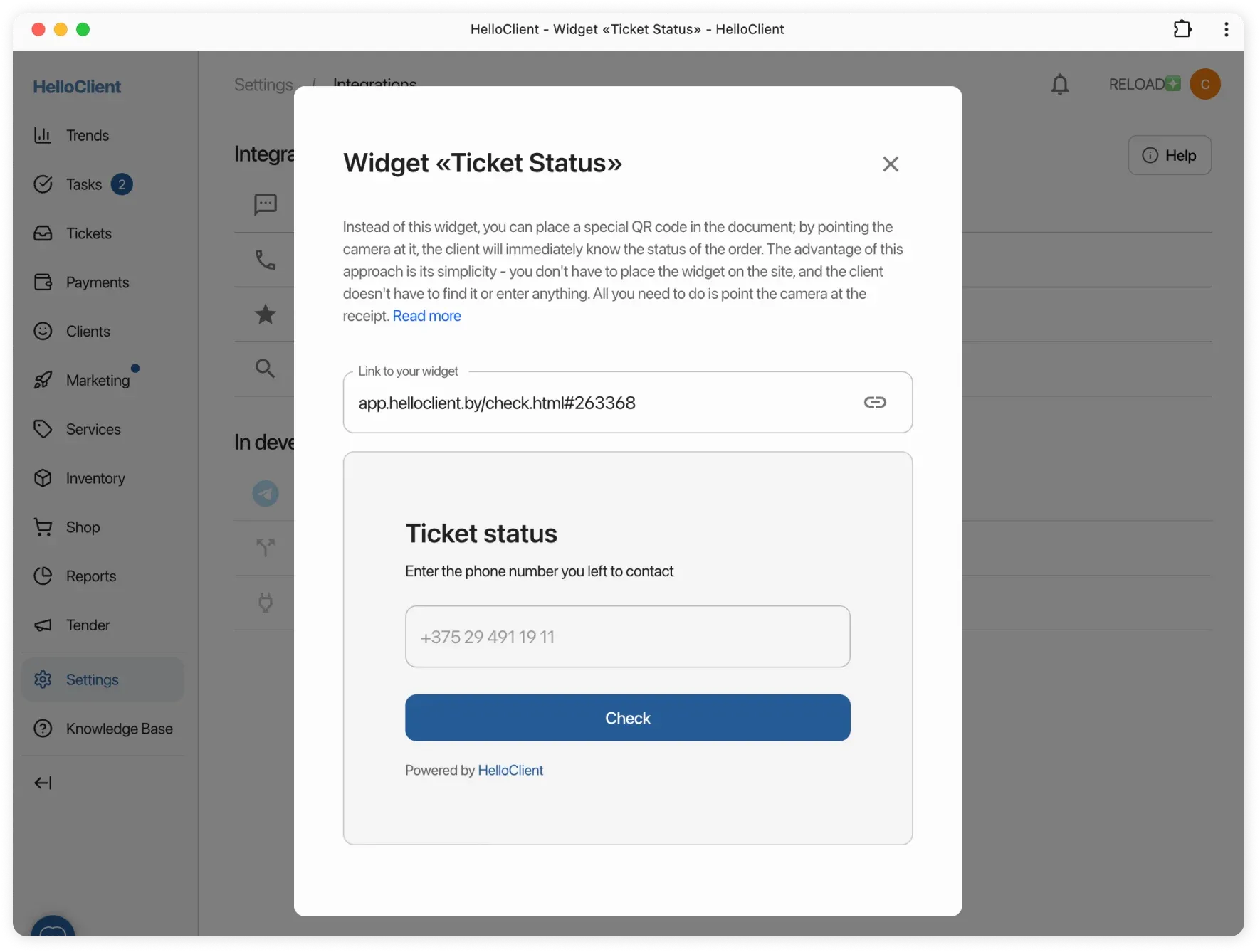 Ticket status widget setup