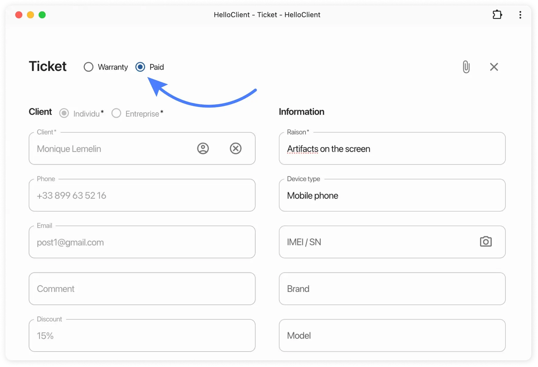 Ticket type selection